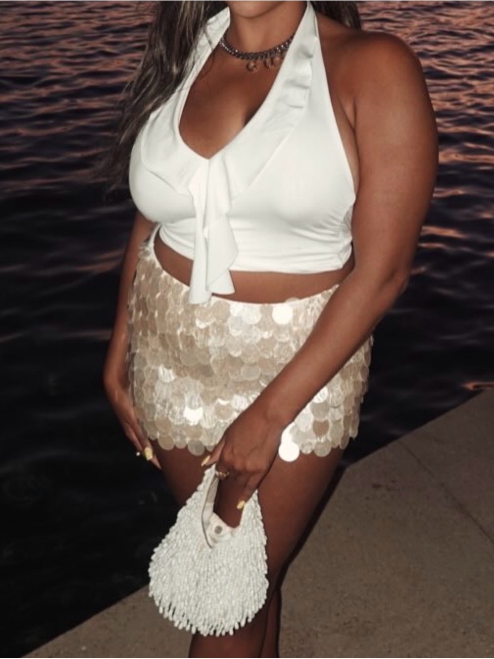 White Fox Boutique Champagne Sequin Disc Mini Skirt